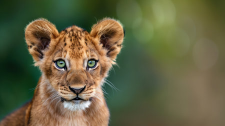 A captivating portrait of a young lion cub featuring striking green eyes and a soft fur coat, set against a serene, blurred background in its natural habitat.の素材