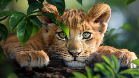 This vibrant image captures a young lion cub resting among lush green leaves, showcasing its playful and curious demeanor in a natural habitat.の素材