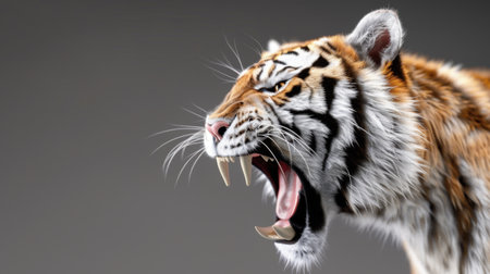 This captivating image features a majestic tiger mid-roar, showcasing its fierce expression and intricate details of its fur. The neutral background enhances the striking orange and black stripes, focusing on the powerful presence of this wild animal.の素材