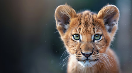 A stunning close-up of a young lion cub showcasing striking green eyes, framed by soft fur and an innocent expression, captures the beauty of wildlife in its natural habitat.の素材