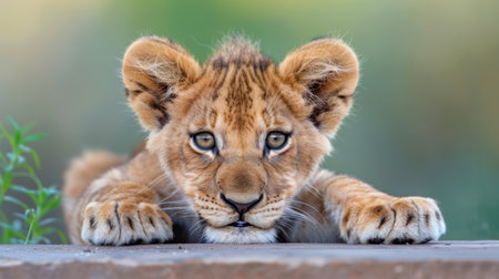 A beautiful young lion cub relaxes while showcasing its expressive eyes and soft fur, capturing the essence of wildlife's innocence and beauty.の素材