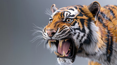 A captivating close-up portrait of a tiger displaying its fierce expression and intricate details of its vibrant fur and sharp features.の素材