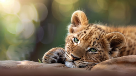 A close-up portrait of a young leopard resting comfortably, showcasing its beautiful green eyes and elegant spotted fur, surrounded by a dreamy natural backdrop.の素材