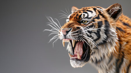 A stunning close-up of a roaring tiger showcasing its striking orange and black stripes. The fierce expression emphasizes the power and beauty of this majestic animal in its natural habitat.の素材