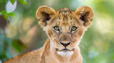 A striking portrait of a young lion cub with bright green eyes, showcasing its beauty and innocence while surrounded by a lush natural environment.の素材