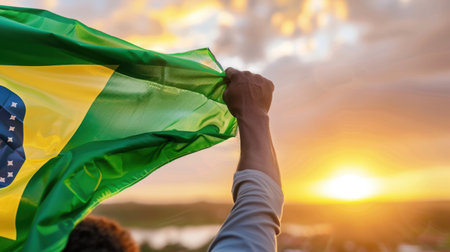 A captivating scene showcasing a hand proudly waving the Brazilian flag against a stunning sunset, with radiant colors illuminating the sky and landscape.の素材
