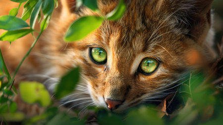 A captivating close-up of a young wild cat with striking green eyes, poised among the vibrant greenery, showcasing the beauty of nature and wildlife.の素材