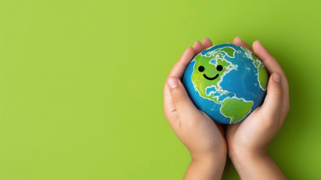Two hands cradle a globe featuring a smiling face, set against a vibrant green background, symbolizing joy, environmental awareness, and global unity.の素材