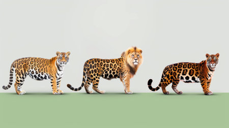 This artistic depiction features a tiger, lion, and cheetah displayed in a line on a neutral background, showcasing the beauty and diversity of big cats.の素材