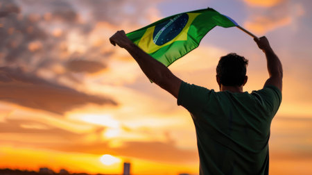 A person stands silhouetted against a stunning sunset, proudly waving the Brazilian flag. This image captures themes of national pride and unity, showcasing bright colors and dramatic clouds.の素材