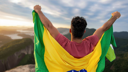 A man stands with his arms raised, proudly displaying the Brazilian flag against a breathtaking sunset backdrop, capturing the spirit of celebration and freedom.の素材