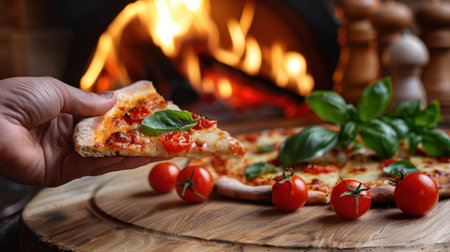 A hand gracefully holds a slice of pizza topped with fresh tomatoes and basil, capturing the essence of a cozy Italian restaurant near a wood-fired oven.の素材