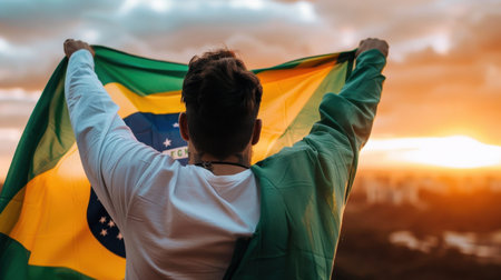 A person draped in a Brazil flag stands against a stunning sunset, embodying national pride and connection to nature amid vibrant colors and scenic beauty.の素材