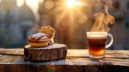 A serene morning scene featuring aromatic coffee and a flaky croissant on a rustic wooden slice, elegantly captured against a glowing sunrise, inviting warmth.の素材