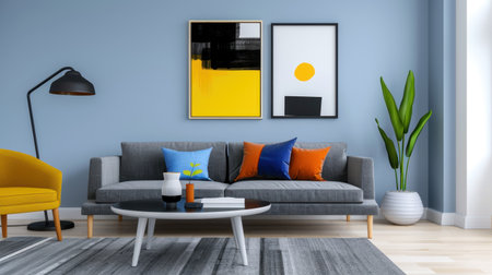 A bright and modern living room featuring a gray sofa adorned with colorful pillows, artistic wall art, and a cozy ambiance created by stylish decor elements.の素材