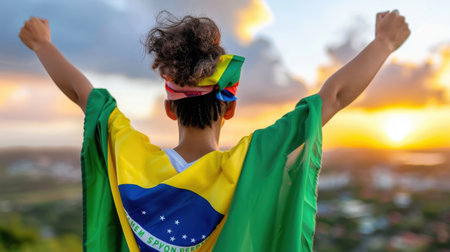 A young person stands proudly with arms raised, draped in a vibrant Brazilian flag, celebrating a beautiful sunset in a scenic outdoor setting.の素材