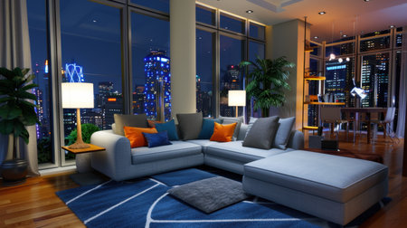 A cozy and modern living room exuding warmth with stylish furniture and a breathtaking night view of the city skyline through large windows.の素材