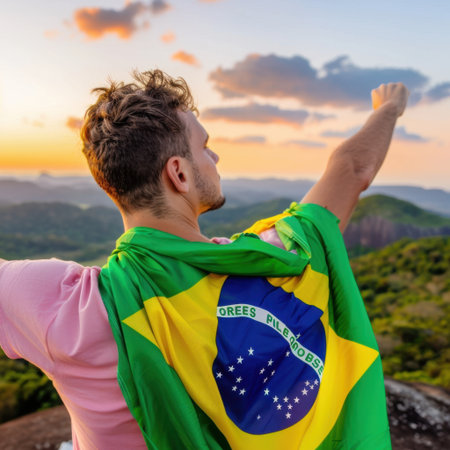 A young man joyfully embraces the sunset with open arms, symbolizing freedom and connection to nature. Scenic mountains and vibrant colors enhance the moment.の素材
