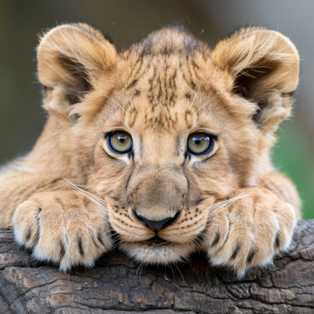 This stunning close-up captures a young lion cub resting with its head propped up, displaying expressive blue eyes full of curiosity and innocence.の素材