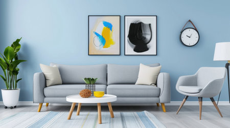 A modern living room featuring a stylish gray couch accompanied by artistic prints on the wall, a chic clock, and vibrant indoor plants, exuding a cozy atmosphere.の素材