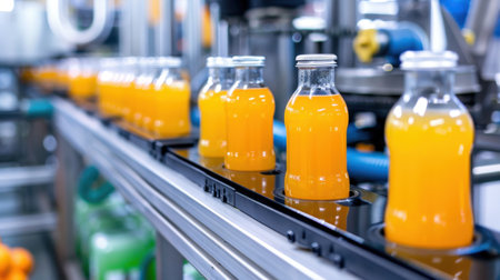 A vibrant display of freshly bottled orange juice in a modern beverage factory, highlighting the production line and advanced machinery in action.の素材