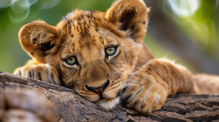 A charming young lion cub relaxes on a tree branch, showcasing its curious green eyes and playful demeanor. The natural setting highlights the beauty of wildlife.の素材