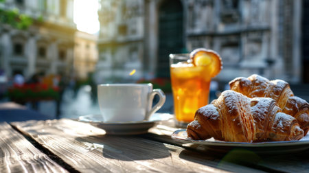 A beautiful display of freshly baked croissants alongside a refreshing orange drink, set on a rustic wooden table in a vibrant outdoor cafe.の素材