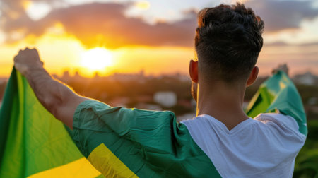 A young man stands with his back to the camera, proudly displaying a Brazilian flag as he watches a vibrant sunset. The scene captures a profound sense of national pride and connection to culture in a warm, inviting outdoor environment.の素材