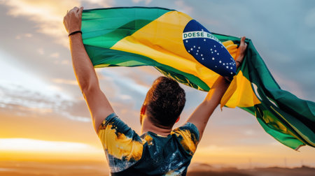 A person stands with arms raised, displaying the Brazilian flag against a beautiful sunset backdrop, symbolizing pride, unity, and celebration of heritage.の素材