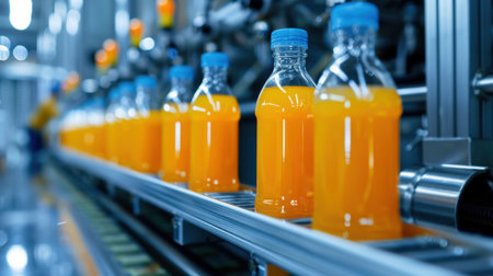 A vibrant scene showcasing bottles filled with fresh orange juice moving along an automated production line in a factory. This image highlights modern manufacturing techniques and the efficiency of beverage production.の素材