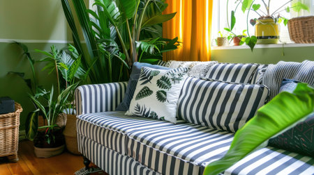 A cozy living room featuring a striped sofa adorned with stylish cushions. Surrounded by an array of lush indoor plants, this inviting space captures natural light.の素材