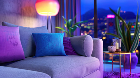 This image showcases a cozy modern living room, featuring a stylish couch adorned with colorful pillows, with a vibrant city view at night. The warm ambiance is enhanced by contemporary lighting and decorative plants, creating a relaxing atmosphere.の素材