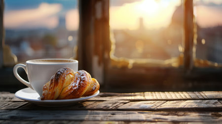 A beautifully composed scene featuring a warm cup of coffee and a fresh croissant on a rustic wooden table, illuminated by a stunning sunset view.の素材