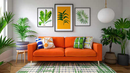 This modern living room features a vivid orange sofa adorned with colorful cushions, surrounded by lush houseplants and stylish wall art, creating a lively atmosphere.の素材
