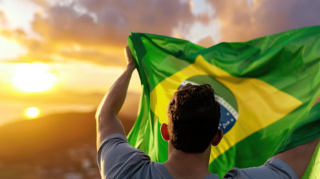 A man stands with his back to the camera, proudly holding the Brazilian flag high against a stunning sunset backdrop. Vibrant clouds reflect warm hues, enhancing the connection to culture and patriotism.の素材