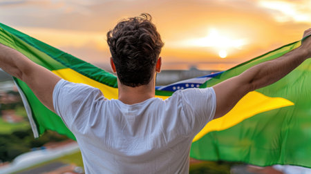 A young man stands with a vibrant Brazilian flag at sunset, overlooking a beautiful cityscape, embodying joy and national pride against a stunning backdrop.の素材
