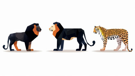 This vibrant geometric illustration features three animals: two lions and a leopard. Ideal for modern design projects, this artwork adds a colorful touch.の素材
