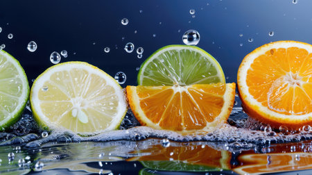 This vibrant image showcases fresh citrus fruits with water droplets, including lime, lemon, and orange, creating a lively and refreshing food concept.の素材