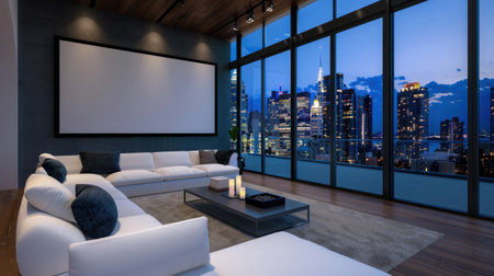 A stylish modern living room featuring a comfortable sofa, large windows showcasing the city skyline, and a serene evening ambiance. Perfect for urban living.の素材