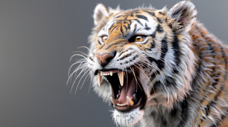 This stunning close-up portrait captures a roaring tiger showcasing its powerful features, vibrant fur, and intense expression, symbolizing wild beauty.の素材