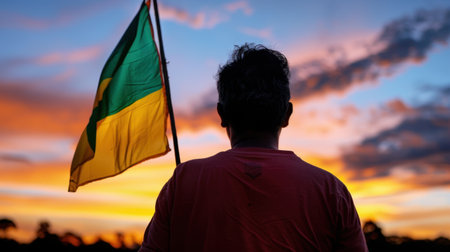 A silhouette of a man holding a flag against a vibrant sunset sky. The warm hues create a serene atmosphere, symbolizing unity and patriotism.の素材