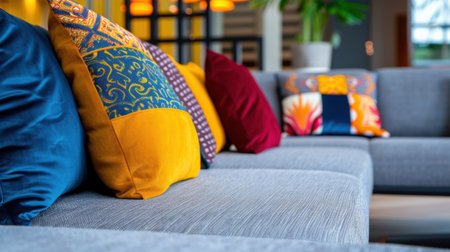 A cozy living room featuring an elegant couch adorned with vibrant throw pillows, highlighting a perfect blend of colors and textures for modern interior design.の素材