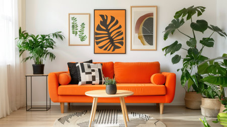 A modern living room featuring a bold orange sofa, contemporary artwork, and lush greenery. The space is bathed in natural light and showcases stylish decor elements for an inviting atmosphere.の素材