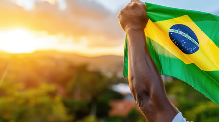 A person proudly holds the Brazilian flag high against a stunning sunset, capturing a moment of national pride and celebration in a vibrant outdoor setting.の素材