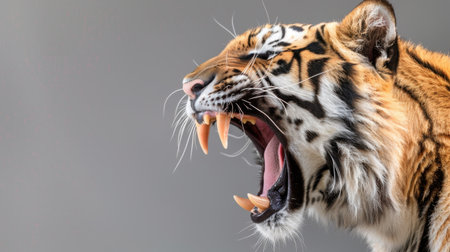 This stunning image showcases a majestic tiger with its mouth wide open in a fierce yawn, displaying its sharp teeth against a neutral gray background.の素材