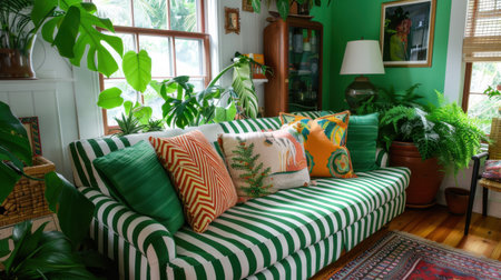 This inviting living room features a green striped sofa adorned with bright decorative pillows, surrounded by lush indoor plants, creating a serene and cozy atmosphere.の素材