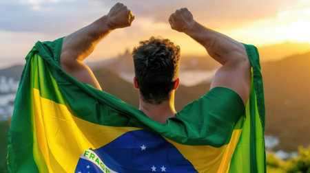 A young man stands proudly with a Brazilian flag wrapped around him, celebrating at sunset atop a scenic viewpoint, reflecting joy and unity.の素材