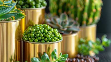A stunning arrangement of assorted succulents in shiny gold metal containers, showcasing vibrant greens against a dark background perfect for home decor and gardening inspiration.の素材