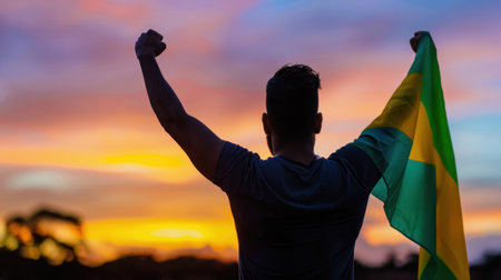 A silhouetted individual raises their arms in celebration while holding a Brazilian flag, set against a stunning sunset. The vibrant colors in the sky reflect joy and unity, symbolizing freedom and cultural pride.の素材