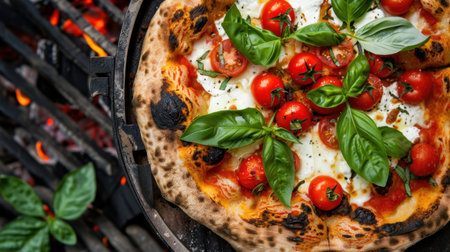 Enjoy a mouthwatering wood-fired pizza topped with fresh basil and cherry tomatoes, beautifully presented on a rustic grill, perfect for outdoor dining.の素材